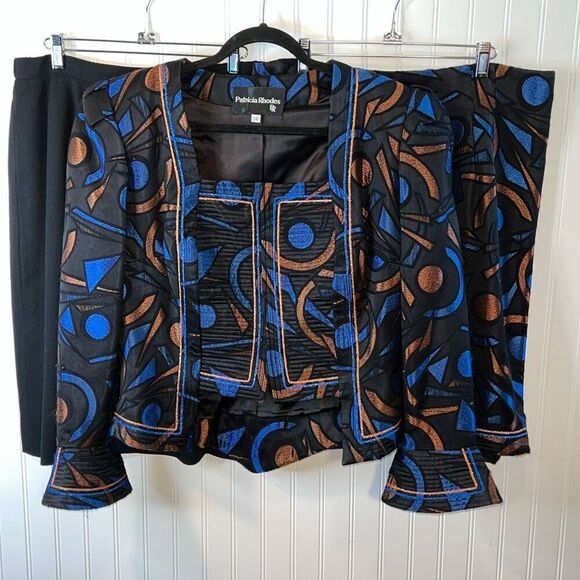 Patricia Rhodes 3 Piece Suit Size 14 Blue/Black Jacket Matching Skirt Black Wool